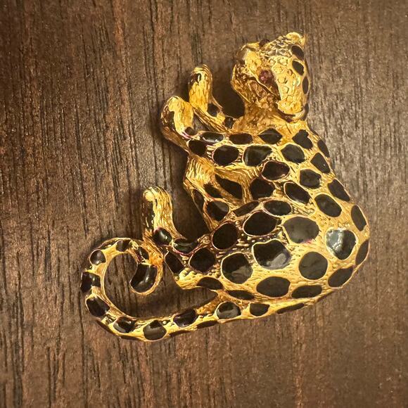VTG Park Lane Brooch Leopard Jaguar Cat Pin Pendant Black Enamel Gold Crystal - Picture 13 of 15